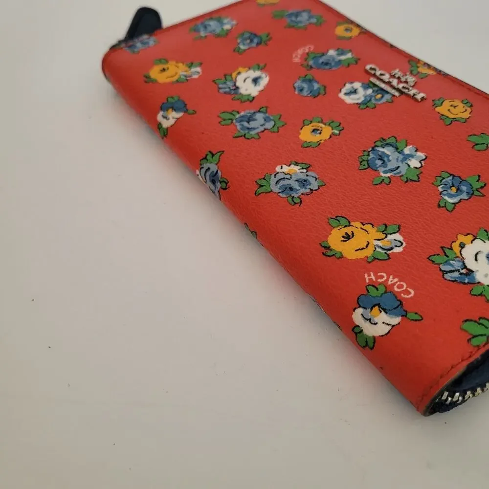 Coach‎ Accordion Zip Wallet Tea Rose Floral Print Coated Canvas Blue Red F57649